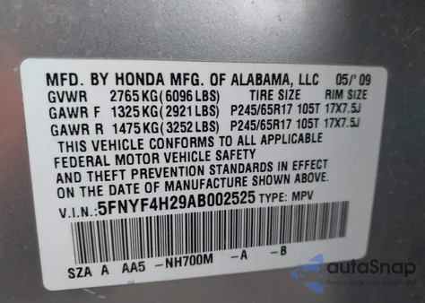 2010 Honda Pilot Lx from USA, damaged, VIN 5FNYF4H29AB002525
